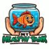 my healthy tank logo - happy cartoon fish in small fishbowl held in hands