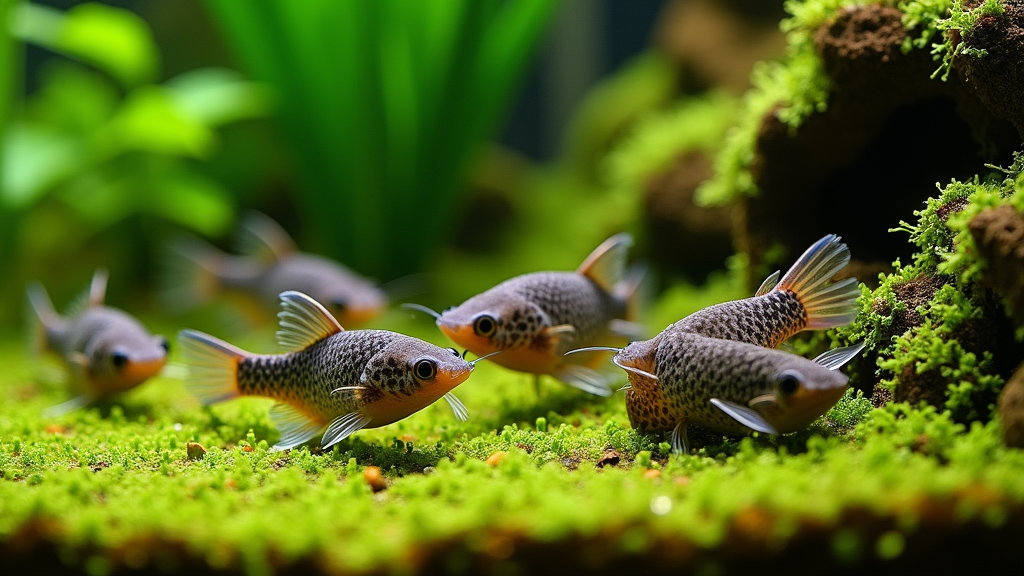 Small freshwater algae eaters in planted aquarium
